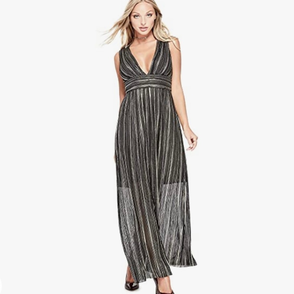GUESS Ari Metallic Striped Maxi Dress